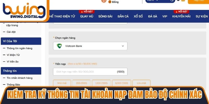 Kiểm tra kỹ thông tin tài khoản nạp nhằm đảm bảo độ chính xác